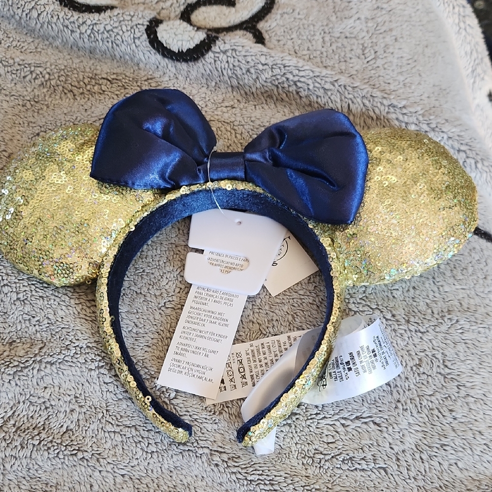 NWT Sequin Gold Minnie Ears Headband with Navy Bow